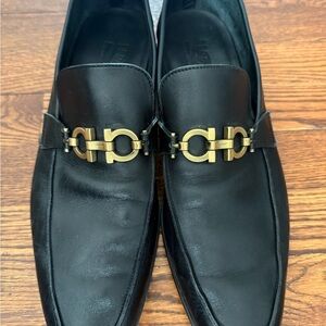 Salvatore Ferragamo Black Leather Loafers with Gold Buckle